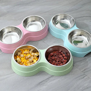 Double Pet Bowls Dog Food Water Feeder Stainless Steel Pet Drinking Dish Feeder Cat Puppy Feeding Supplies Small Dog Accessories Puppy Paws Place